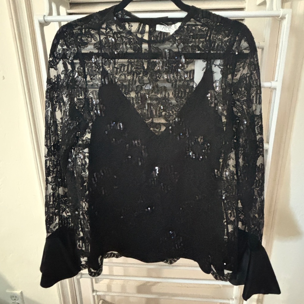 NEW ALEXIS Black Lace Sequin Bell Sleeve Blouse S
